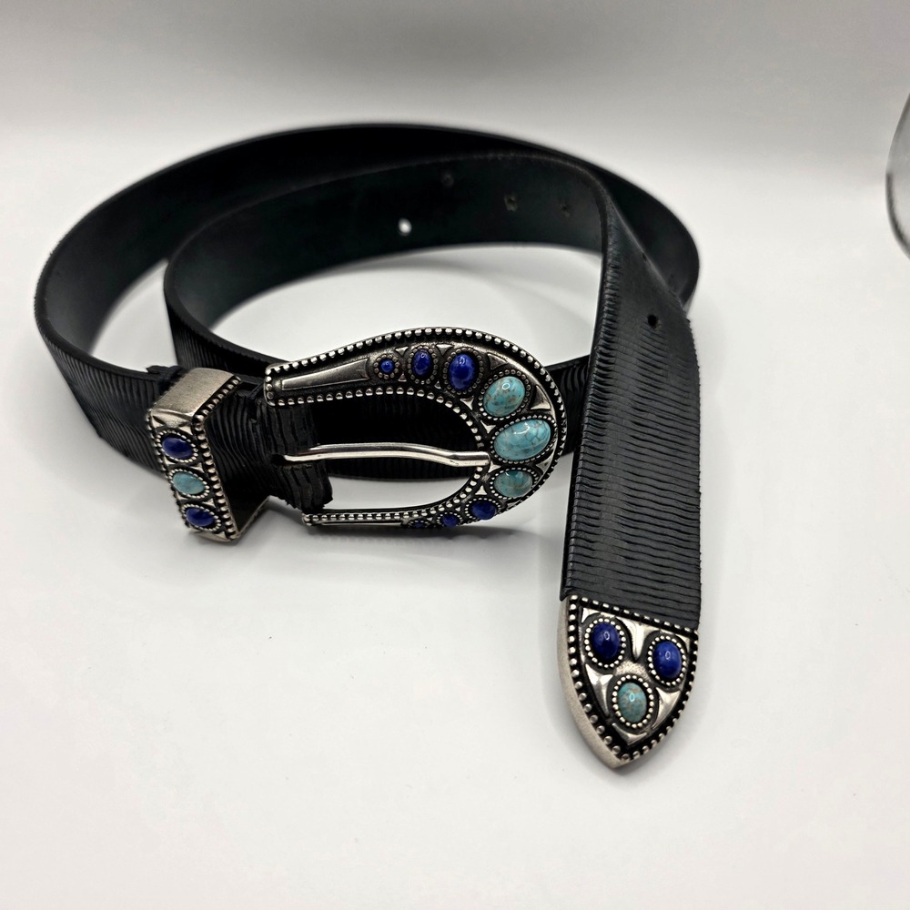 Johnny Was Black Belt with Blue and Turquoise Stone Accents